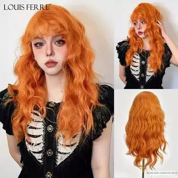 LOUIS FERRE Кудрявые синтетические парики для женщин, оранжевые, рыжие, длинные волнистые волосы, парики для косплея с челкой, натуральный поддельный парик для вечеринки на Хэллоуин