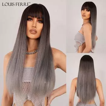 LOUIS FERRE Ombre Черный Коричневый до Серого Синтетический Парик Длинные Прямые Парики Из Натуральных Волос для Женщин Повседневный Косплей Искусственные Волосы С Челкой