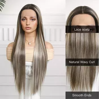 LOUIS FERRE Парик спереди на шнуровке Длинные прямые коричневые серые парики с темным корнем для женщин Повседневная вечеринка Косплей WeHigh Density