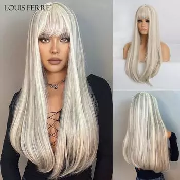 LOUIS FERRE Синтетические длинные белые парики с челкой Косплей Прямые парики с коричневыми бликами Натуральные искусственные волосы для чернокожих женщин LC015-1