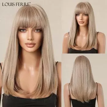 LOUIS FERRE Светло-русые прямые синтетические парики с челкой Длинные светлые парики для ежедневного косплея для женщин Термостойкие волокна волос