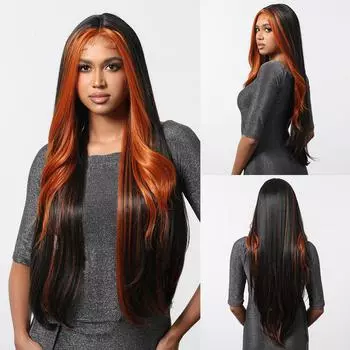 LOUIS RERRE Длинные синтетические парики с кружевной передней частью, волнистые, черные, с оранжевым оттенком, парик с детскими волосами для чернокожих женщин, натуральные, высокой плотности, ежедневные