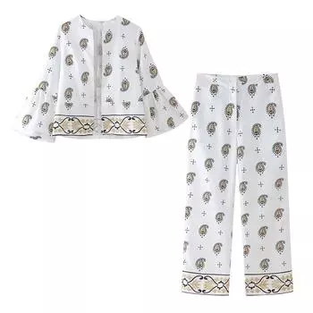 Домашняя одежда женская повседневная куртка с круглым вырезом и длинными рукавами + прямые брюки с высокой талией, летний комплект брюк с вышитыми цветами кешью, одежда для сна XS