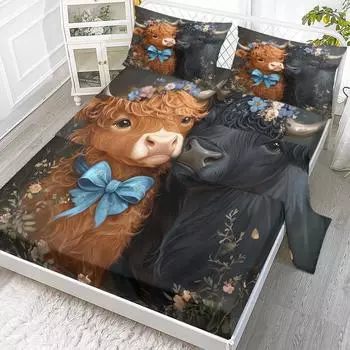 Love And Affection Longhaired Cow 4-Piece Bed Sheet Set, Including 1 Flat Bed Sheet, 1 Super King Size Bed Sheet, 2 Pillowcases 99cmx199cm