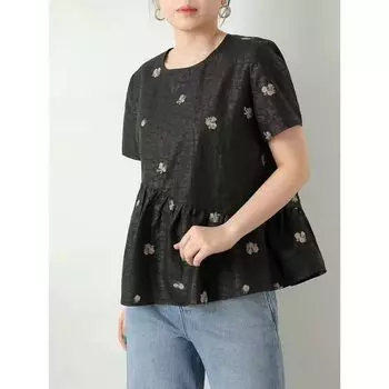 Love at a Glance! Elegant Women s Summer Ramie Yarn round Neck Pleated Three-Dimensional Embroidered round Neck Short Sleeve Craft T-shirt Black three flowers 2XL