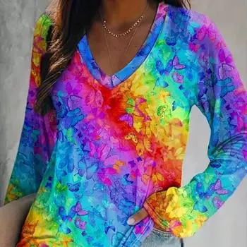 Женские футболки с принтом «Любовь и бабочки», женские топы, длинные рукава, V-образный вырез, пуловер, женские футболки, футболка для женщин XS жёлтый