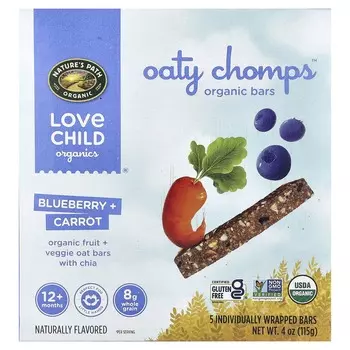 Love Child Organics, Oaty Chomps™, Органические батончики, Черника + Морковь, 12 месяцев+, 5 батончиков в индивидуальной упаковке, 0,8 унции (23 г) Каждый