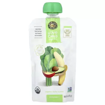 Love Child Organics, Органическое детское пюре, 6+ месяцев, Яблоко, Банан, Шпинат, Авокадо, 4 унции (113 г)