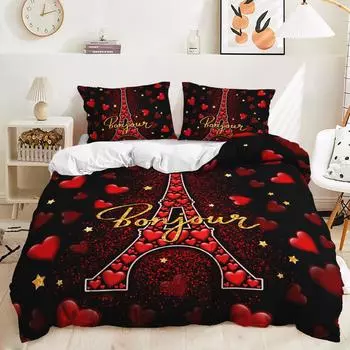 Love Eiffel Tower 3D digital printing pattern duvet cover pillowcase bedroom bedding three-piece set DE 135x200cm