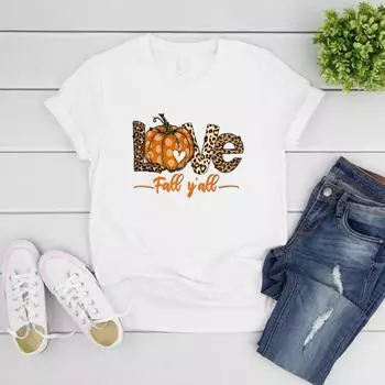 Женская футболка Love Fall Y All с леопардовым принтом, осенняя футболка Hello Pumpkin, семейные футболки на День благодарения, винтажные женские топы XXL белый