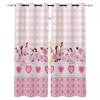 Love Flower Pink Plaid Curtains For Bedroom Living Room Modern Kitchen Windows Curtain Home Decoration Drapes W135 x H60cm