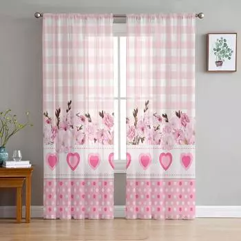 Love Flower Pink Plaid Sheer Curtains Window Tulle Curtains For Living Room Bedroom For Kitchen Veiling Curtains Decoration W135 x H114cm