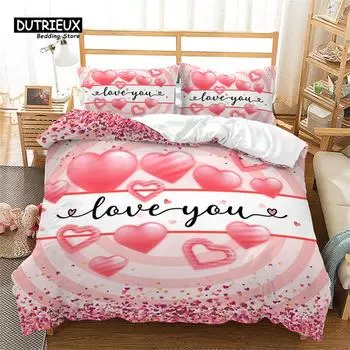 Love Heart Duvet Cover Pink Romantic Bedding Set Microfiber Comforter Cover For Girls Teen Couple Valentine s Day Wedding Decor EU single(135x200cm)