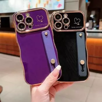 Love Heart Electroplate Wave Frame with Strip Bracket Case for 16 15 Pro 14 Plus 13 12 Pro Max 11 Shockproof Lens Protection Tpu Slim Cover iPhone 16 чёрный