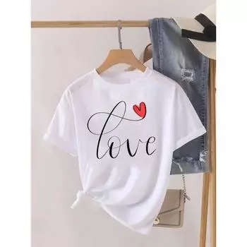 Женская футболка Love Heart Feather Trend, хлопковая модная футболка с принтом, с короткими рукавами, простая повседневная белая футболка S