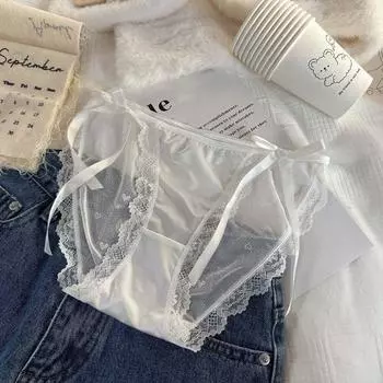 Love Heart Mesh Hollow Lace Bowknot Briefs Low-Waist Satin Silk Lace Mesh Panties Girls M