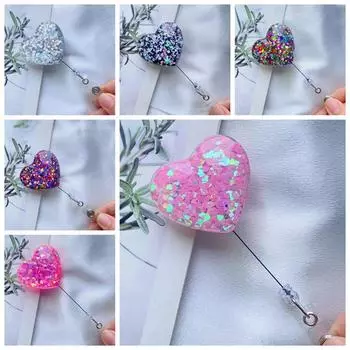 Love Heart Retractable Badge Holder Bling Glitter Easy Pull Buckle Office School Supplies 07