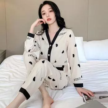 Love Letter Print Women s Pajamas Button V-Neck Design Autumn Fashion Sleepwear Sets Soft Casual Cute Homewear M