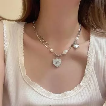 LOVE Love кулон с жемчугом, нерегулярное ожерелье, модное элегантное ожерелье для девочек, простая вечеринка, универсальный летний свитер, аксессуары на цепочке серебряный