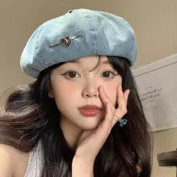 Love Metal Standard Designer Berets Cap Spring and Summer Travel Корейские универсальные ретро-выбеленные джинсовые восьмиугольные шляпы для женщин 56-58cm светло-синий