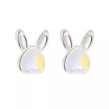 Love Moonstone Bunny Circle Ear Buckle Милые изысканные маленькие кроличьи ушки Цирконий маленькие серьги-гвоздики Anti-Lost Bronze (White Gold)
