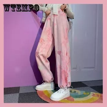 Love Pink Tie Dye повседневные брюки женские японские милые мягкие девушки свободные дикие спортивные студенты сияющие ноги широкие ноги S