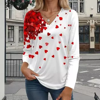 Женские футболки с принтом «Любовь», женские топы, длинные рукава, V-образный вырез, пуловеры, женские футболки, футболки для женщин XS красный