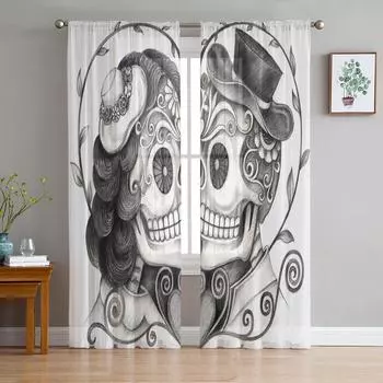 Любовь Череп Цветы Оконная обработка Тюль Современные прозрачные шторы для кухни, гостиной, спальни, шторы, украшение W135 x H114cm