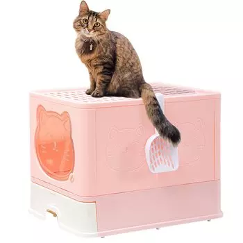 LOVE TIME FOREVER Cat Включает дезодорирующий кошачий туалет, рассеивающий запах, полный комплект, кошачий туалет сверху, большой, большой, двухсторонний доступ, простыня, наполнитель, розовый