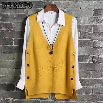 Love Vest женский вязаный жилет модный свободный сетчатый красный жилет в том же стиле с v-образным вырезом двубортный с отделкой подол M жёлтый