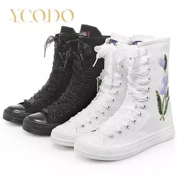 Love Ycodo 2023, парусиновые сапоги для девочек-студентов, повседневные парусиновые сапоги с вышивкой и цветами на внутренней молнии 43 белый