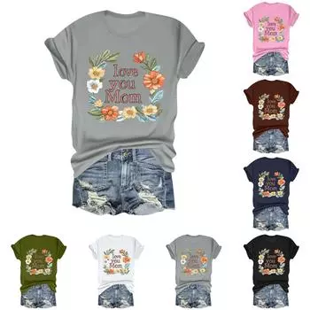 LOVE YOU MOM Women s Casual Mother s Day Print Loose T-shirt Round Neck Pullover Short Sleeve Top L армия зеленый