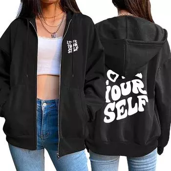 LOVE YOU SELF Женское пальто с принтом Лидер продаж Модные свободные топы на молнии Спортивная толстовка с капюшоном Повседневная уличная женская кардиганная одежда S