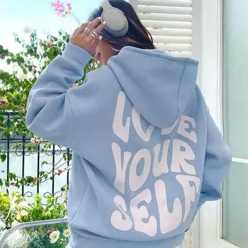 Love Yourself свитер с капюшоном и рукавами на плечах, простой свитер с буквами алфавита, шерстяная толстовка с капюшоном XS серый