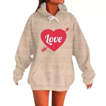 LOVE Женская мода Повседневный свитер с длинными рукавами и капюшоном с принтом ко Дню святого Валентина L бежевый