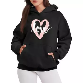 LOVE Женская модная повседневная толстовка с капюшоном с принтом ко Дню святого Валентина, с длинными рукавами L чёрный