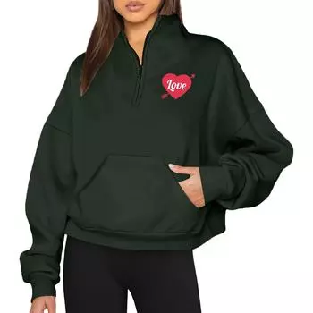 LOVE Женская повседневная свободная толстовка с длинным рукавом и принтом ко Дню святого Валентина на молнии с капюшоном L армия зеленый