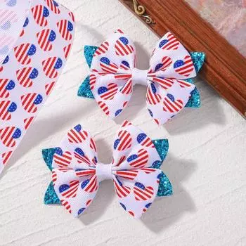 LOVEKIKI 2PCS Ribbon Hair Bows Clips for Girls 3D Print Star Bowknot Hairpin Headwear July 4th Independence Day Hair Accessories