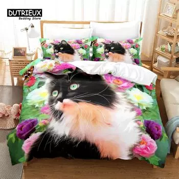 Lovely Animals Bedding Set, 3Pcs Cat Duvet Cover Set, Soft Comfortable Breathable Duvet Cover, For Bedroom Guest Room Decor EU single(135x200cm)