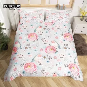 Lovely Bird Duvet Cover Set King Size Spring Floral Butterfly Bedding Set Microfiber Watercolor Garden Flower Comforter Cover EU single(135x200cm)