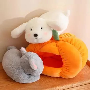 Lovely Cat Plush Toy Stuffed Soft Dog Doll Comfortable Sleeping House Pumpkin Nest Pet Halloween Decoration Children Gift 23cm