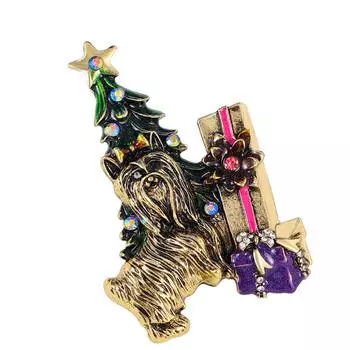 Lovely Dog with Christmas Tree Enamel Brooch Sturdy Zinc Alloy Materials Fashion Pin Jewelry Accessory for Clothing