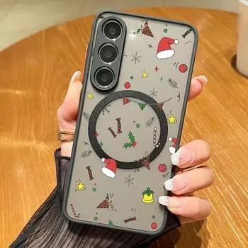 Lovely Merry Christmas Hat Clear Matte Case For Samsung S24 FE S23 Ultra A55 A54 A35 A34 A15 Shockproof Soft Edge for MagSafe Magnetic Phone Cover Samsung S24 чёрный