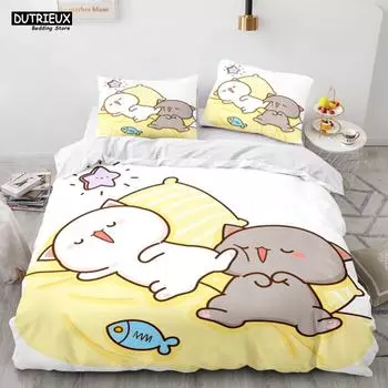 Lovely Peach Cat Bedding Set Cartoon Cute Bed Set Double Queen King Twin Full Size Duvet Cover Set Kids Girls Duvet Cover Gifts EU single(135x200cm)