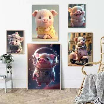 Lovely Pink Pig Canvas Poster Cute Baby Animal Wall Art Picture for Living Room Bedroom Playroom Club Bar Modern Home Decor Gift 21cm30cm NoFrame