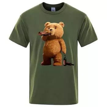 Lovely Ted Bear Drink Beer Плакат Забавная футболка с принтом Унисекс Модная повседневная футболка с короткими рукавами Свободная футболка большого размера Уличные топы в стиле хип-хоп