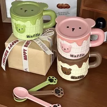 Lovely Waffle Bear Ceramic Cup Girl Heart Birthday Gift Boyfriend Girlfriend Sisters Meaningful Gift Box Mug Drinkware 301-400ml