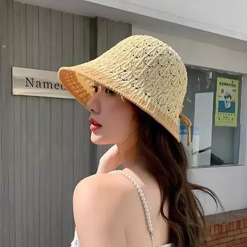 LOVELYHAT контрастного цвета вязаная полая панама 2024 весна-лето маленькая свежая дорожная солнцезащитная M56-58cm бежевый