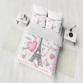 Lovers Letters Eiffel Tower Hearts Romantic Duvet Cover Set King Queen Full Twin Size Bed Linen Set EU single(135x200cm)