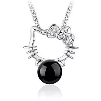 LOVES Cat Kitty Necklace Pendant Onyx Black Silver Gift Pouch [Velvet Included]